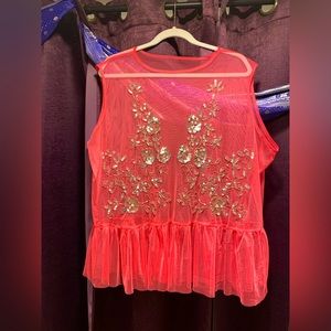 Pink Mesh Tank Top With Silver Sequin Embroidery